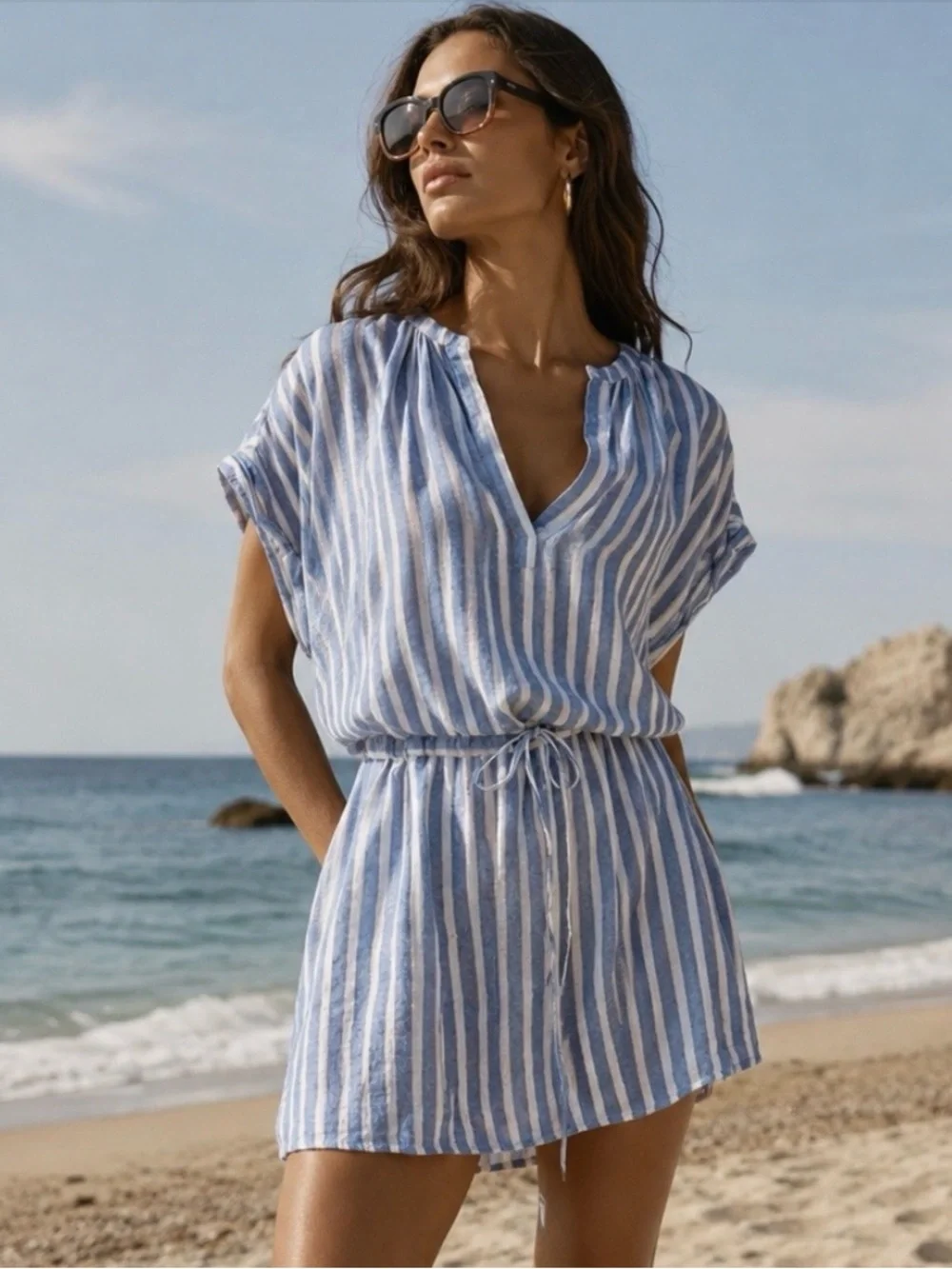 RAILS Angelina Linen Blue & White Striped Dress Size Large
